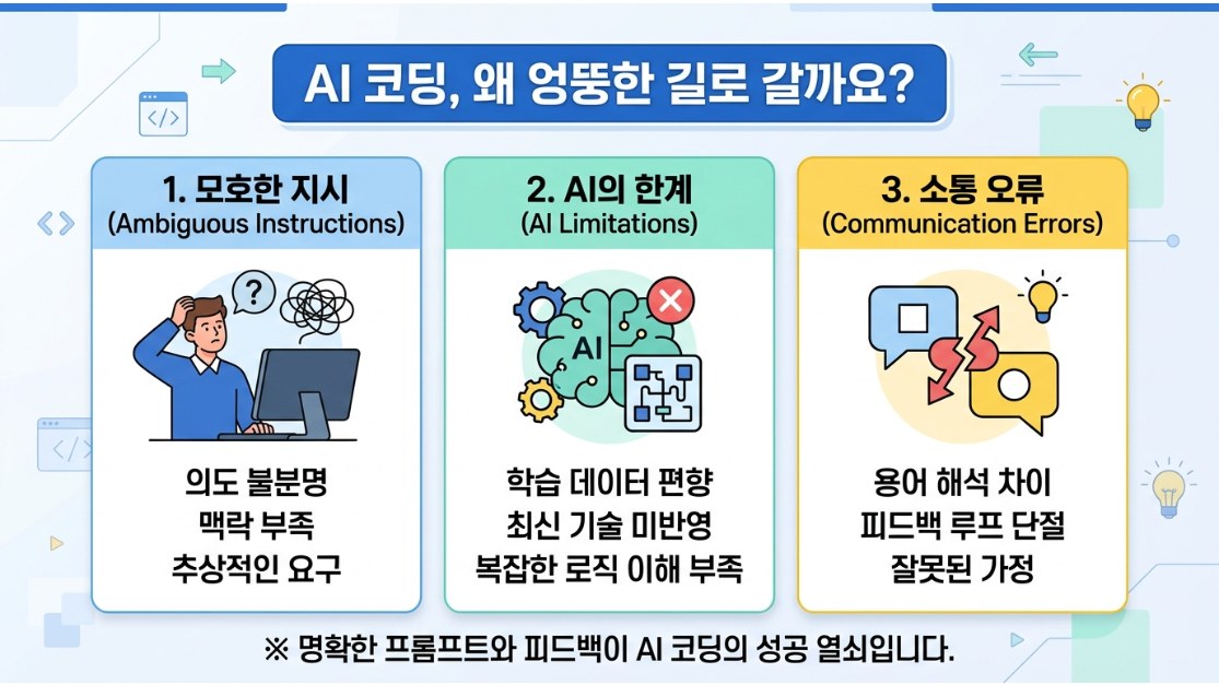 AI 코딩 생산성 높이는 프롬프트 핵심실전 가이드 — AI와 함께 코딩하는 '바이브 코딩'은 개발 생산성을 혁신적으로 높여주지만, 때로는 AI가 엉뚱한 방향으로 코드를 생성해 시간 낭비를 유발하기도 합니다. 원하는
