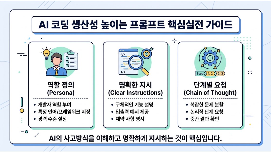 AI 코딩 생산성 높이는 프롬프트 핵심실전 가이드 — AI와 함께 코딩하는 '바이브 코딩'은 개발 생산성을 혁신적으로 높여주지만, 때로는 AI가 엉뚱한 방향으로 코드를 생성해 시간 낭비를 유발하기도 합니다. 원하는